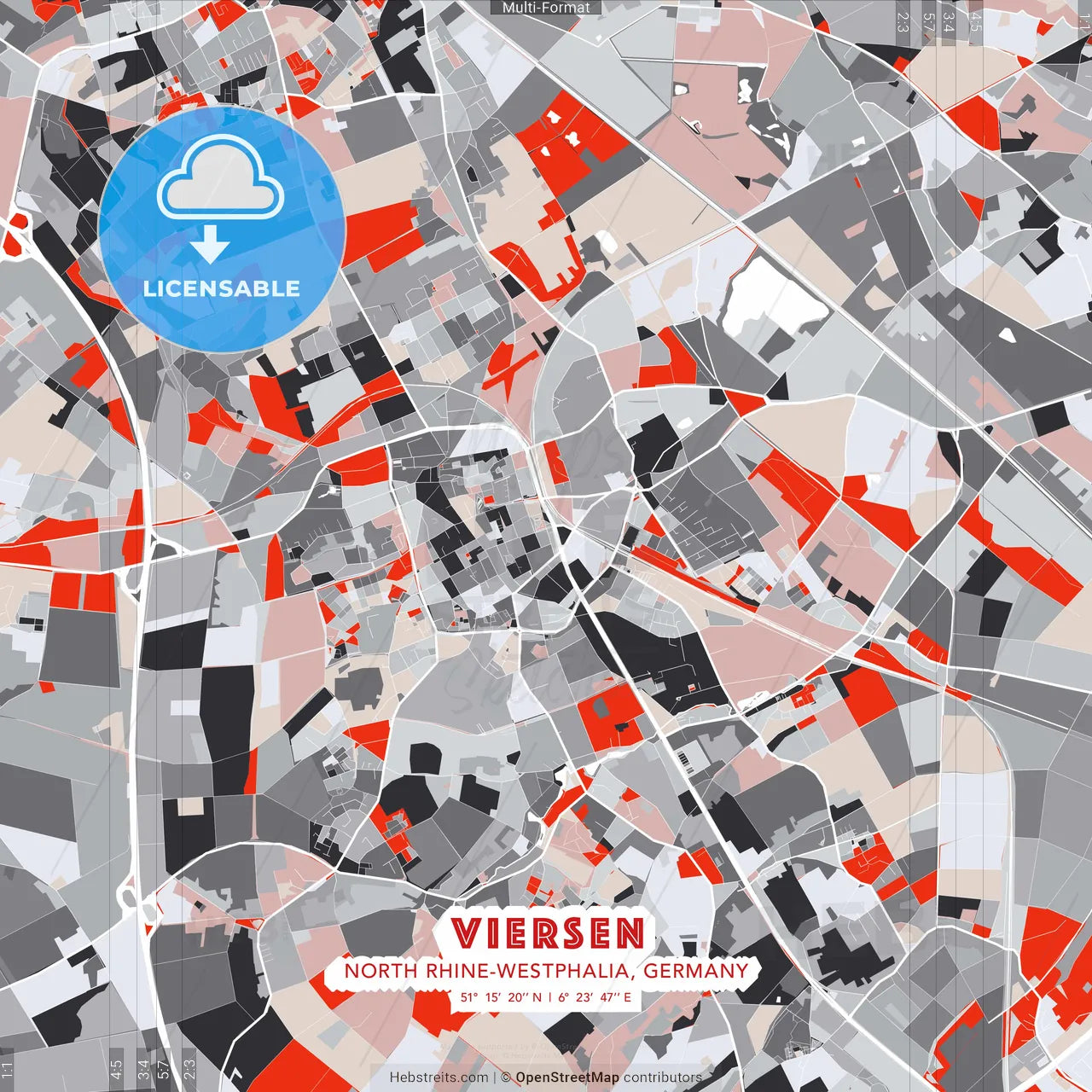 Viersen, North Rhine-Westphalia, Germany - modern street map poster template with gray and red tones
