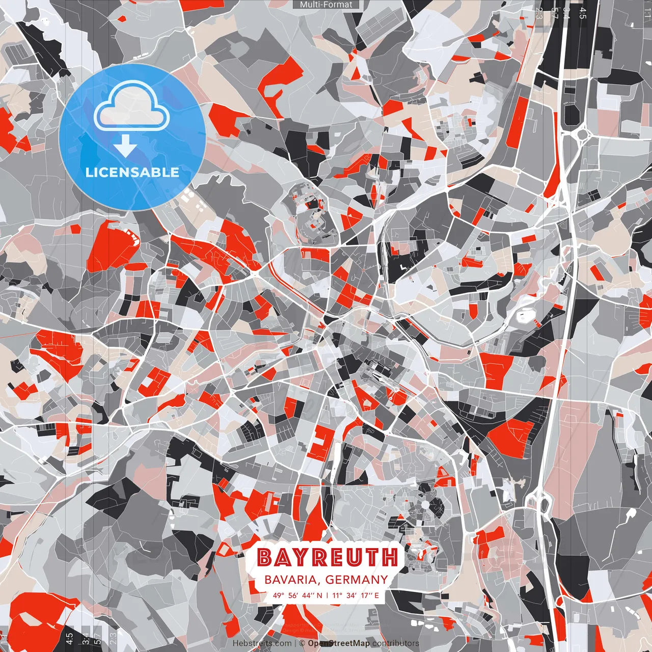 Bayreuth, Bavaria, Germany - modern street map poster template with gray and red tones