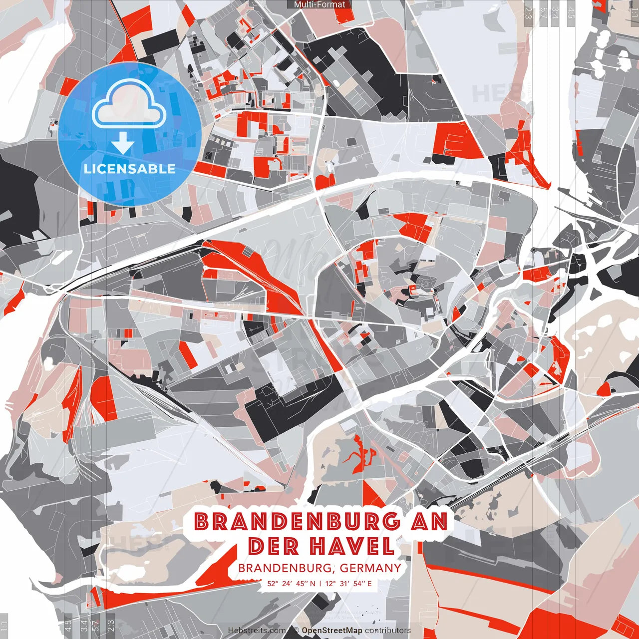 Brandenburg an der Havel, Brandenburg, Germany - modern street map poster template with gray and red tones