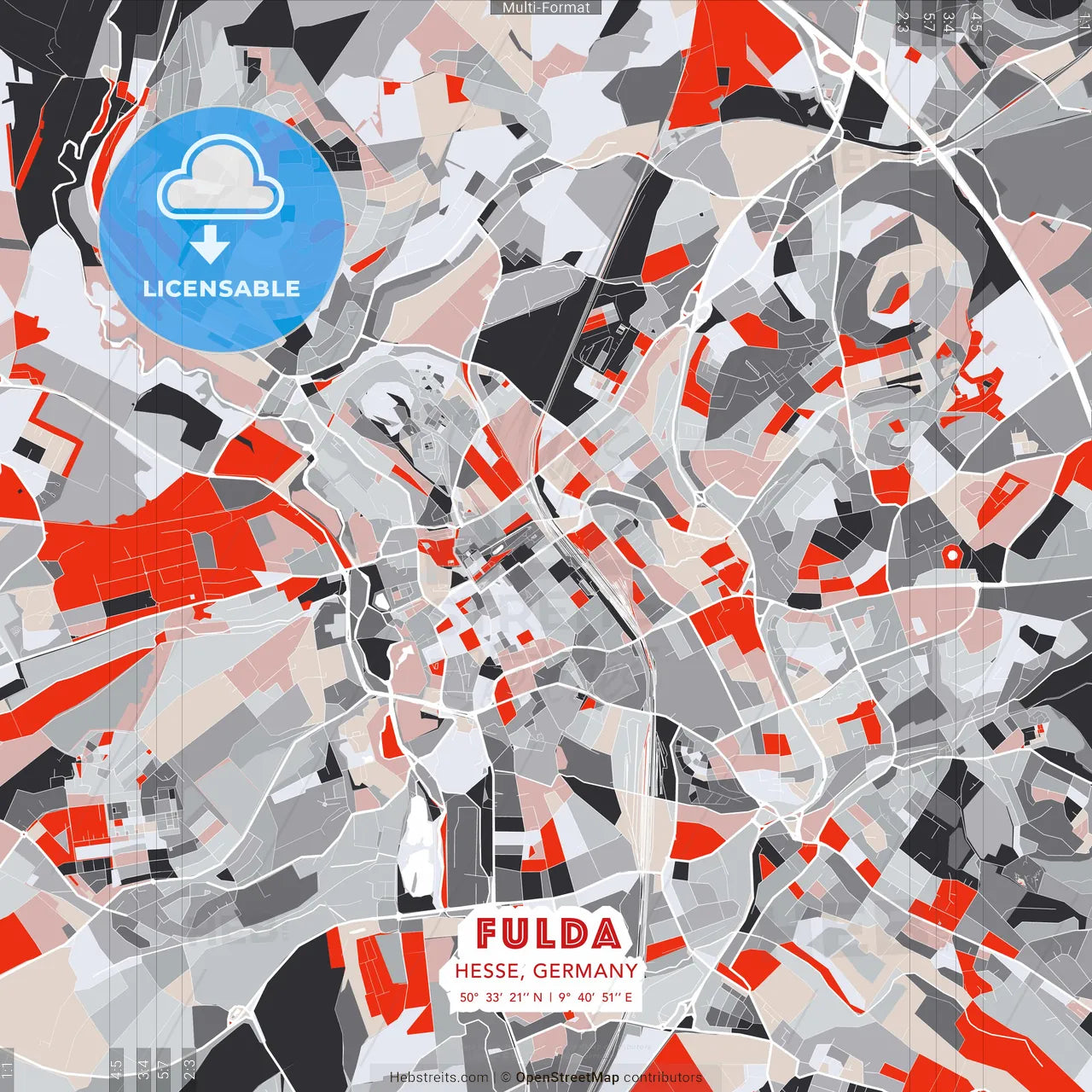 Fulda, Hesse, Germany - modern street map poster template with gray and red tones