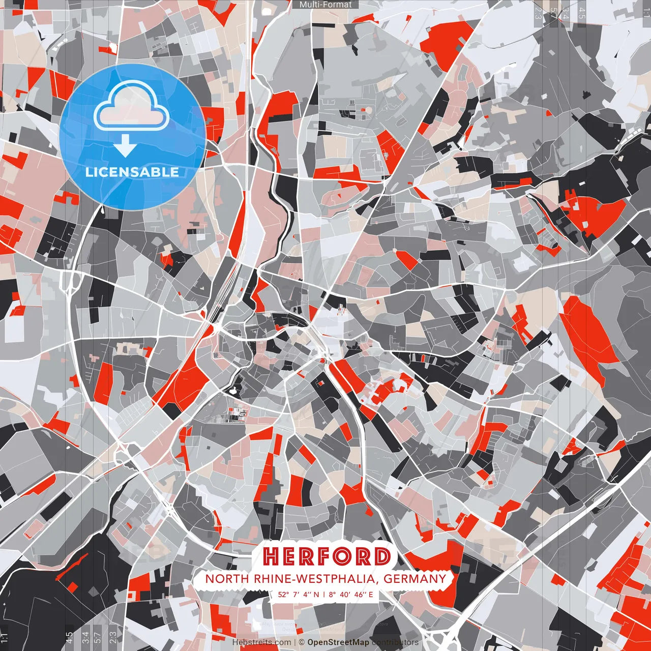 Herford, North Rhine-Westphalia, Germany - modern street map poster template with gray and red tones