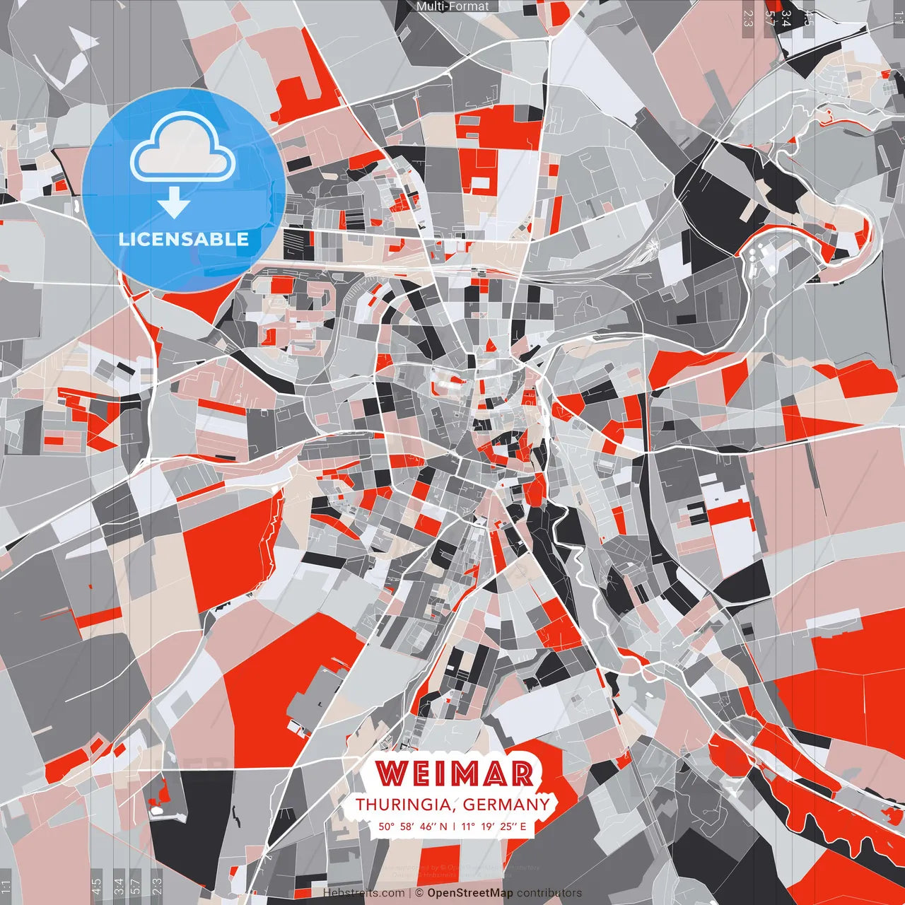 Weimar, Thuringia, Germany - modern street map poster template with gray and red tones