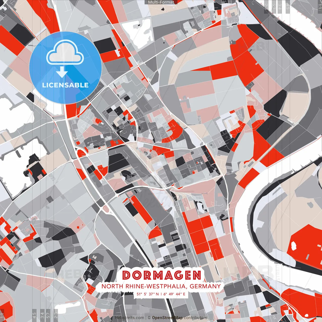 Dormagen, North Rhine-Westphalia, Germany - modern street map poster template with gray and red tones