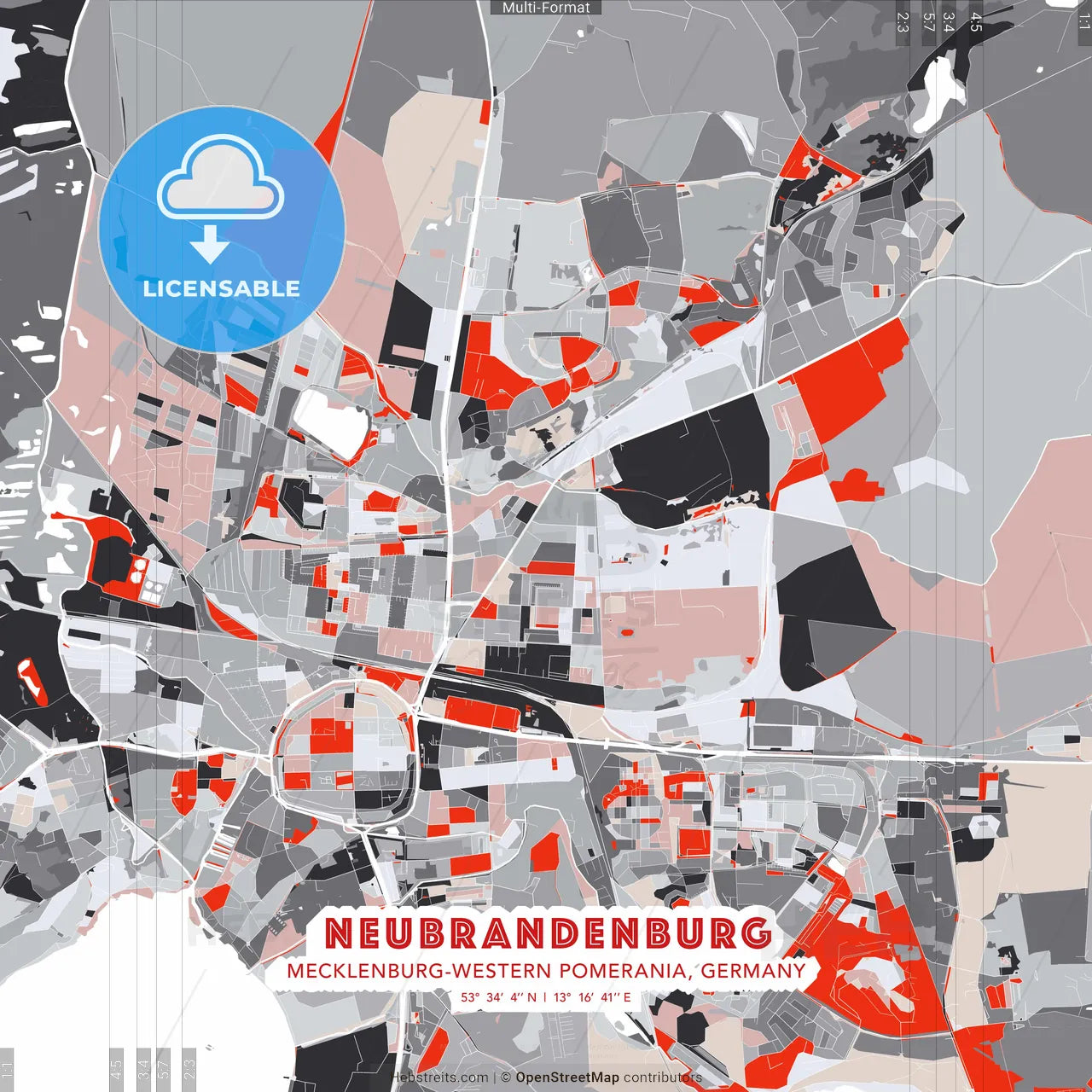 Neubrandenburg, Mecklenburg-Western Pomerania, Germany - modern street map poster template with gray and red tones