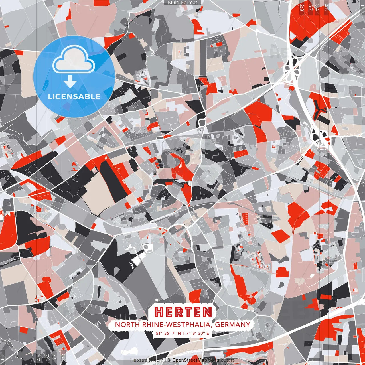 Herten, North Rhine-Westphalia, Germany - modern street map poster template with gray and red tones