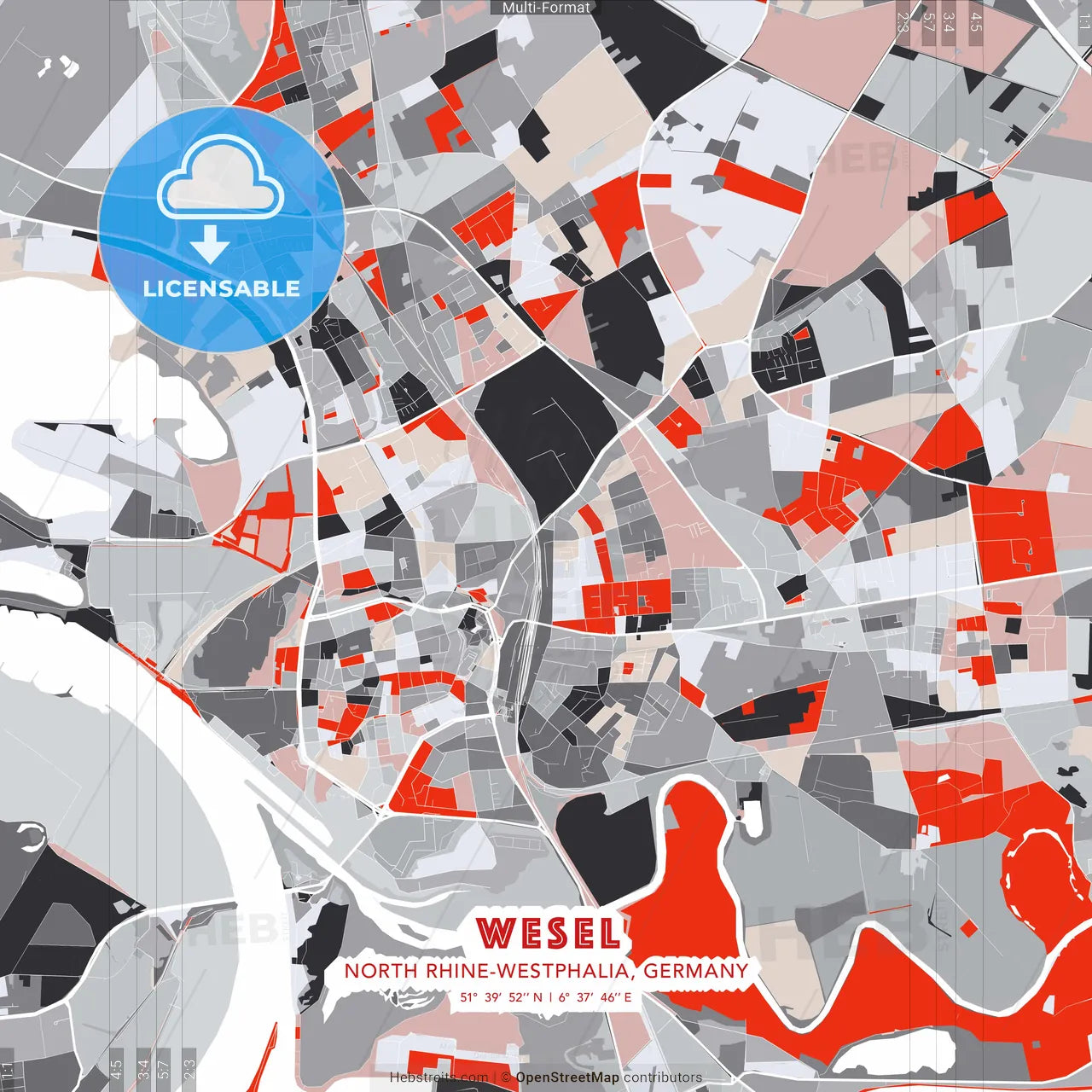 Wesel, North Rhine-Westphalia, Germany - modern street map poster template with gray and red tones