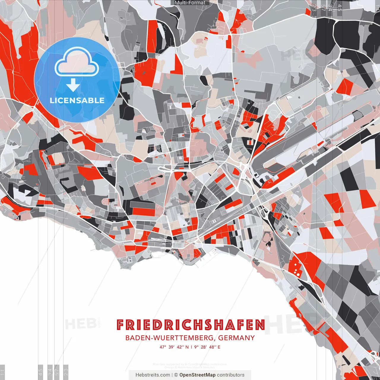 Friedrichshafen, Baden-Wuerttemberg, Germany - modern street map poster template with gray and red tones
