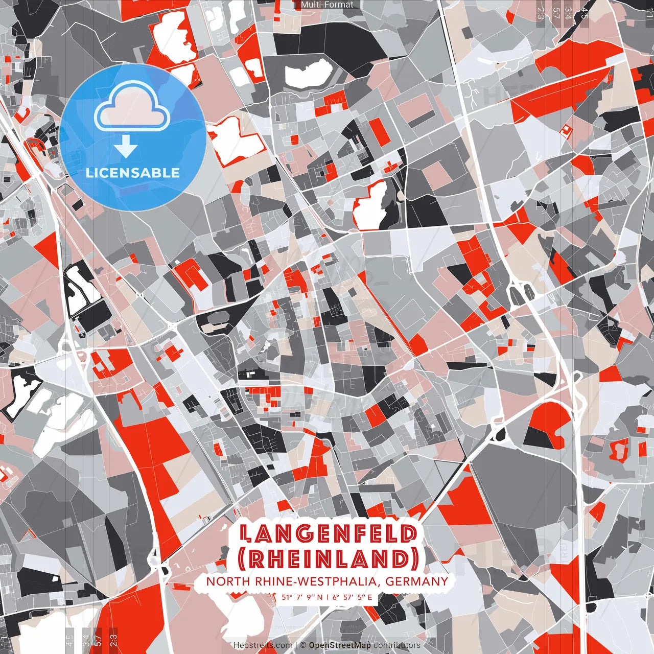 Langenfeld (Rheinland), North Rhine-Westphalia, Germany - modern street map poster template with gray and red tones