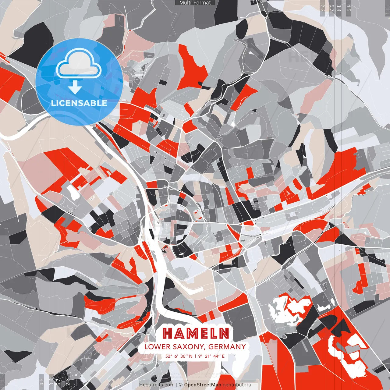 Hameln, Lower Saxony, Germany - modern street map poster template with gray and red tones