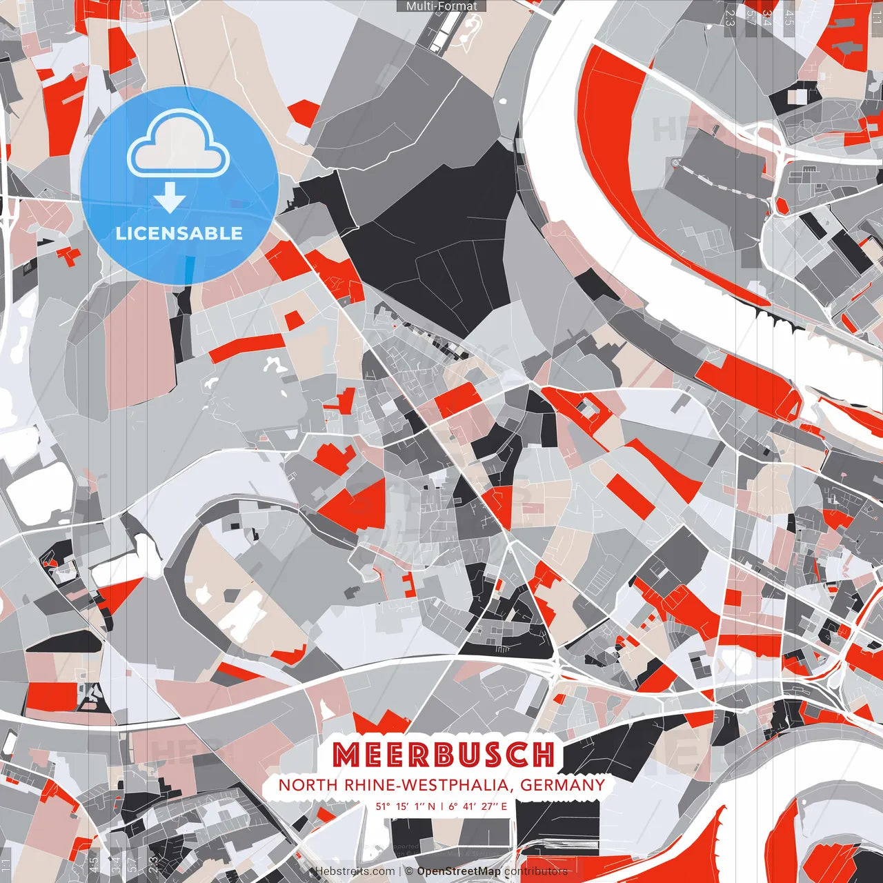 Meerbusch, North Rhine-Westphalia, Germany - modern street map poster template with gray and red tones