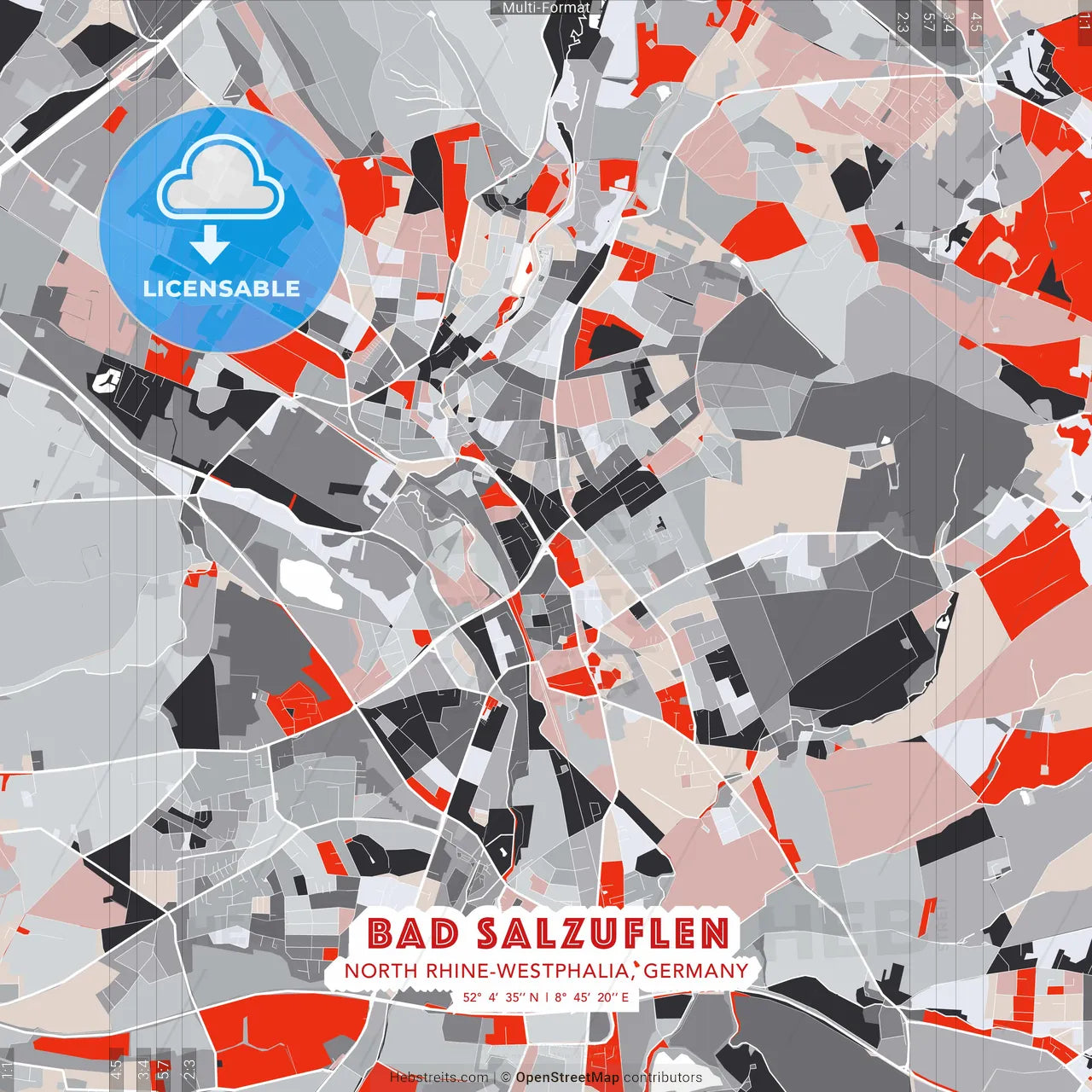 Bad Salzuflen, North Rhine-Westphalia, Germany - modern street map poster template with gray and red tones