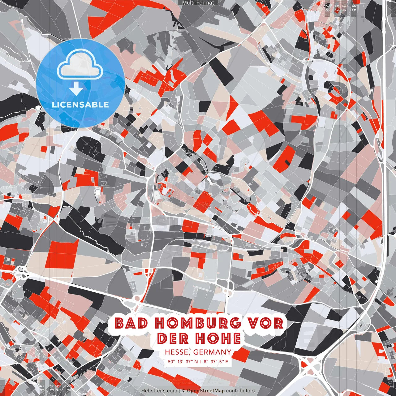 Bad Homburg vor der Hohe, Hesse, Germany - modern street map poster template with gray and red tones