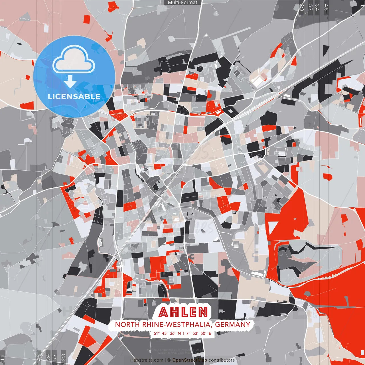 Ahlen, North Rhine-Westphalia, Germany - modern street map poster template with gray and red tones