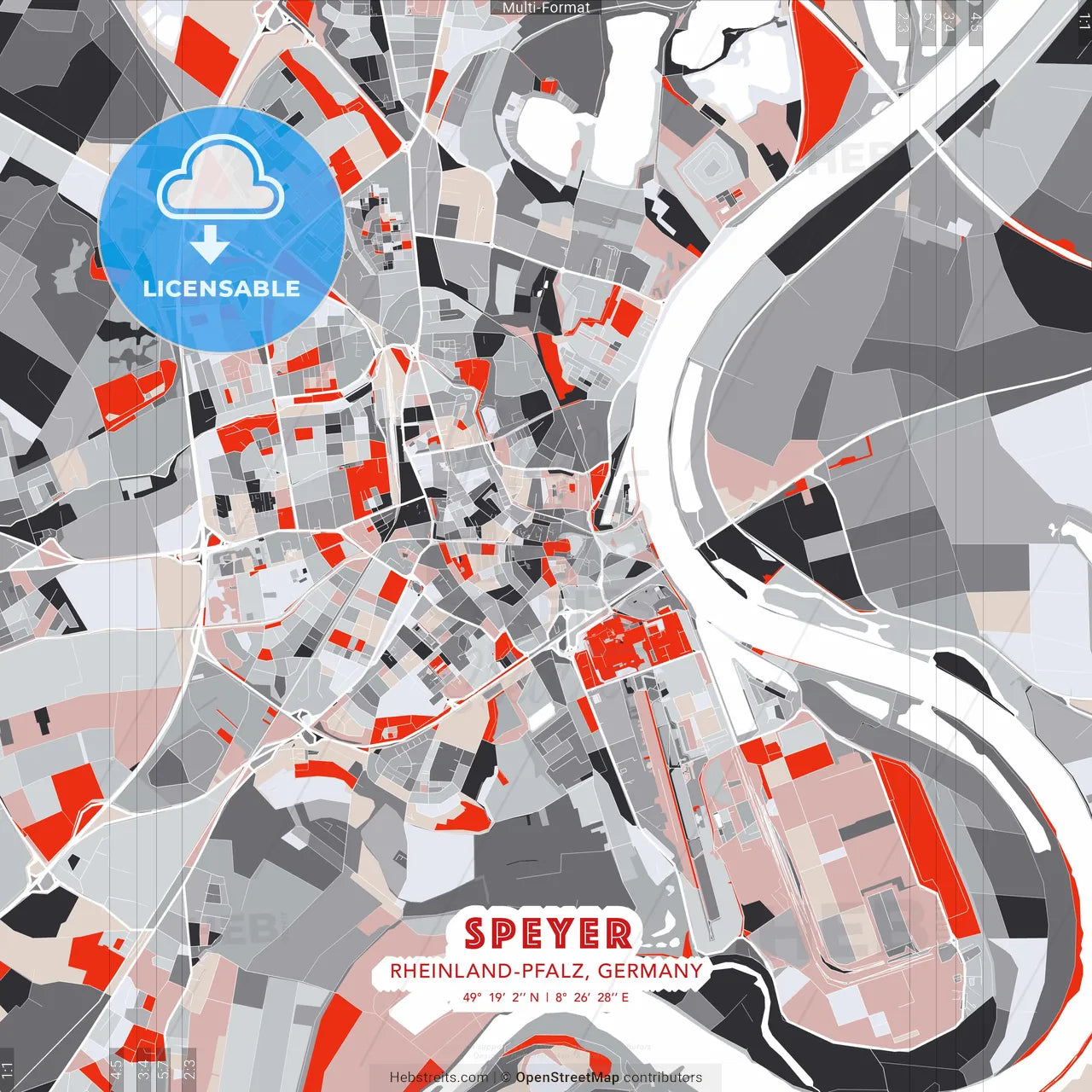 Speyer, Rheinland-Pfalz, Germany - modern street map poster template with gray and red tones