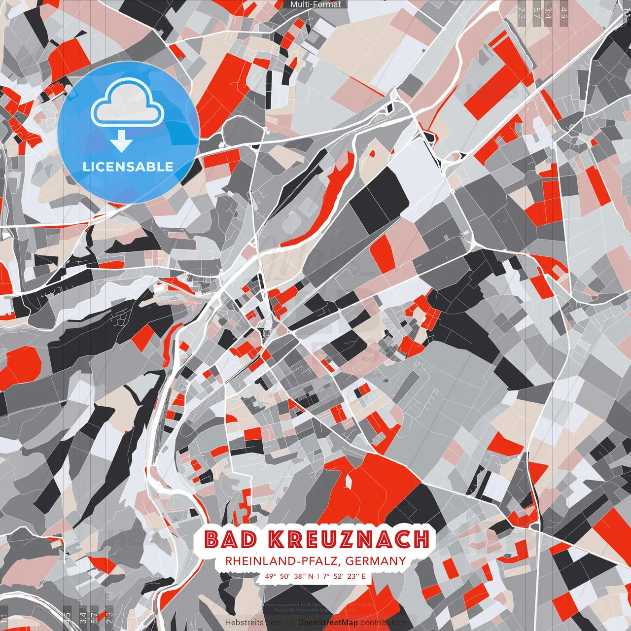 Bad Kreuznach, Rheinland-Pfalz, Germany - modern street map poster template with gray and red tones