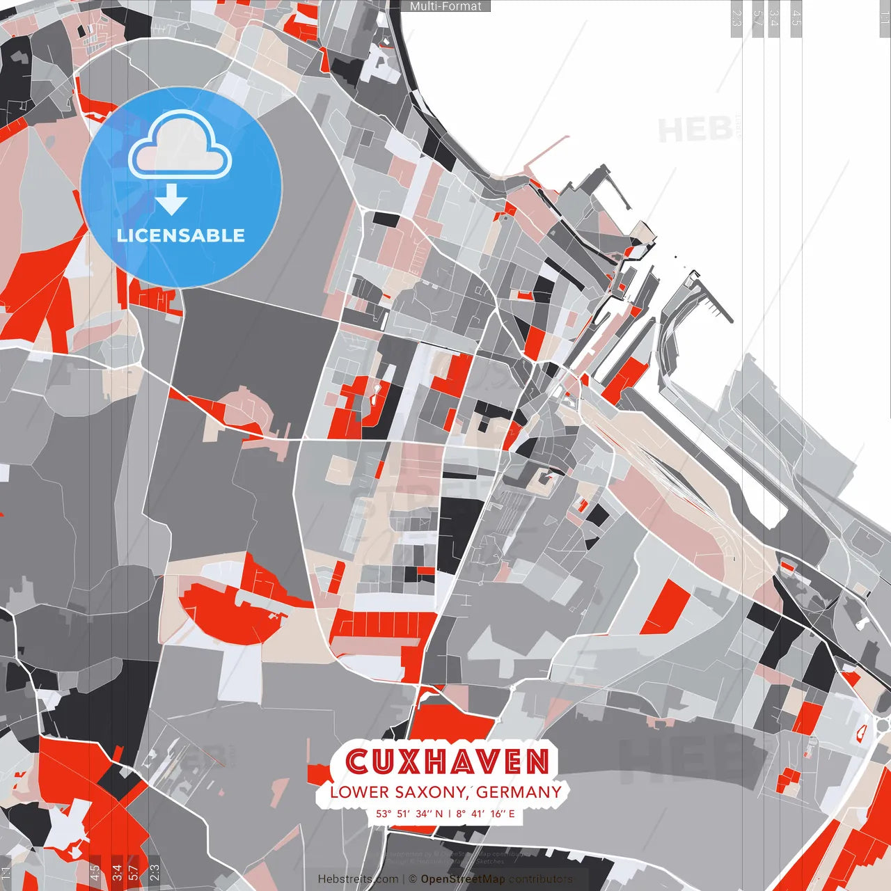 Cuxhaven, Lower Saxony, Germany - modern street map poster template with gray and red tones