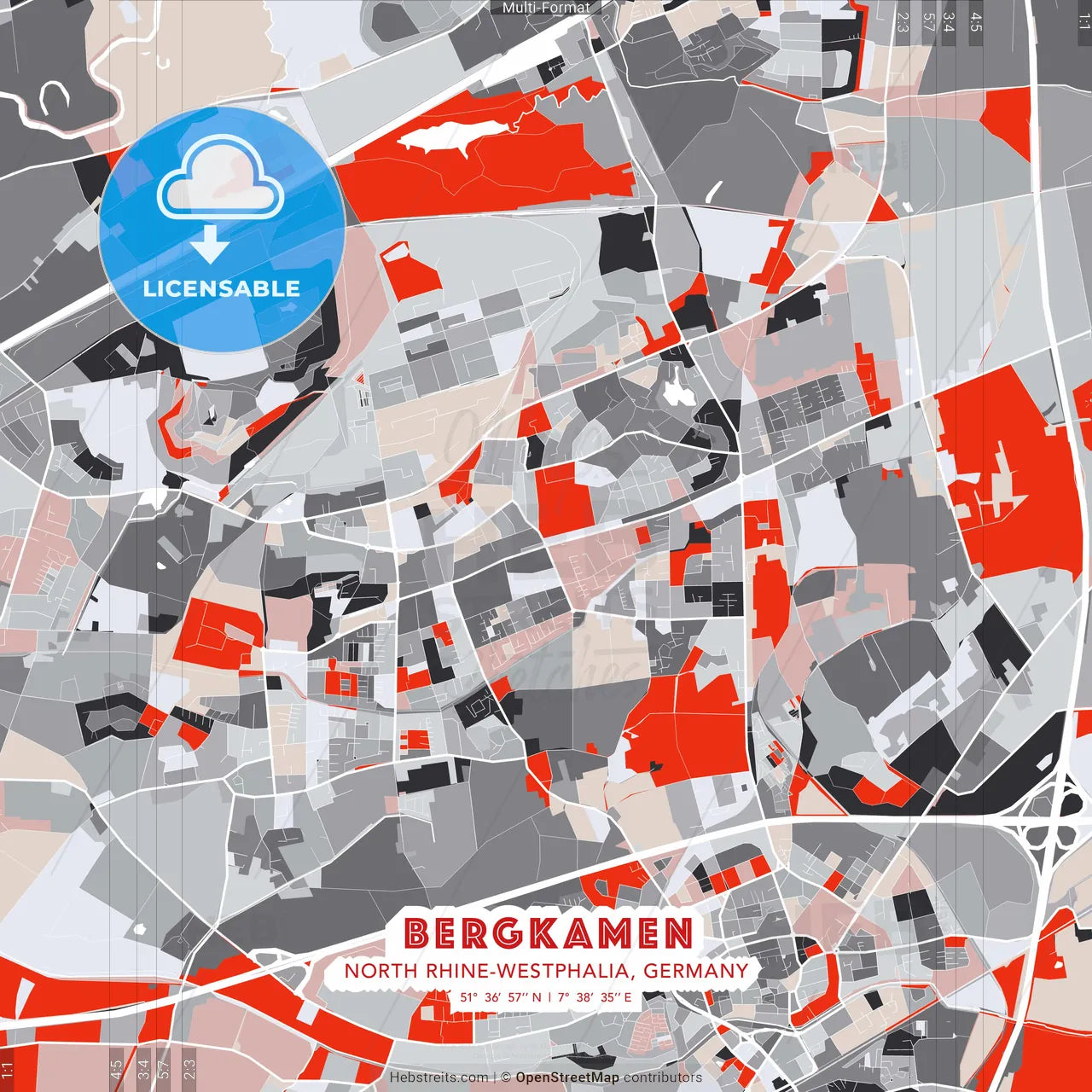 Bergkamen, North Rhine-Westphalia, Germany - modern street map poster template with gray and red tones