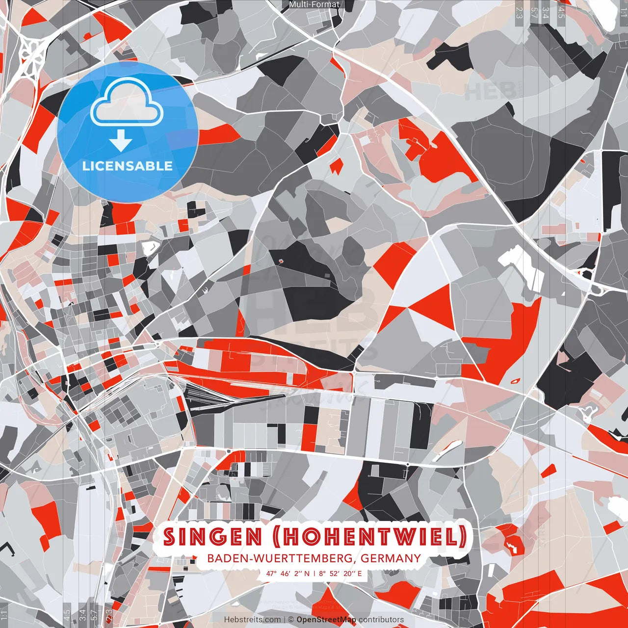 Singen (Hohentwiel), Baden-Wuerttemberg, Germany - modern street map poster template with gray and red tones