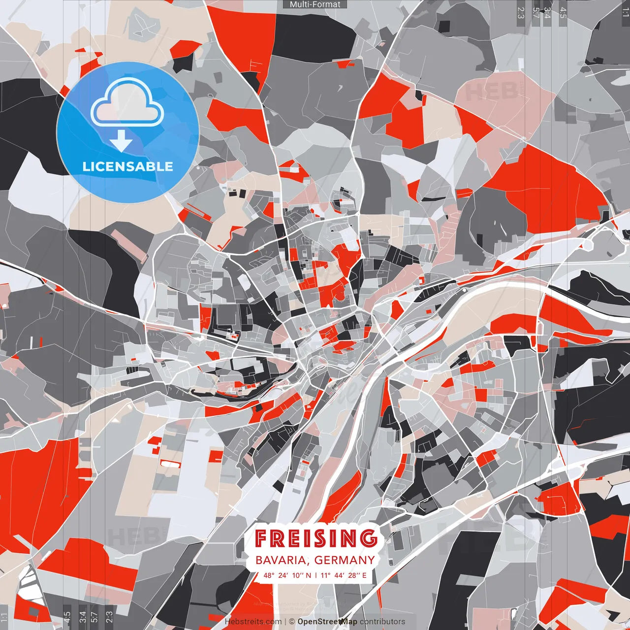 Freising, Bavaria, Germany - modern street map poster template with gray and red tones