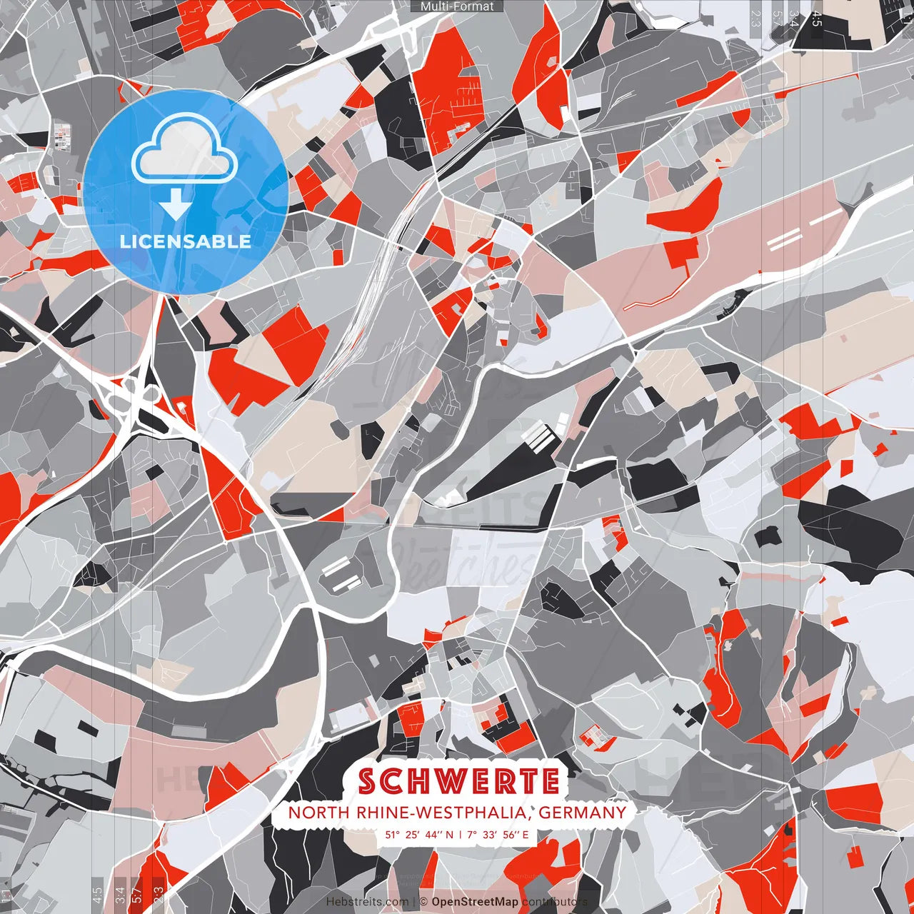 Schwerte, North Rhine-Westphalia, Germany - modern street map poster template with gray and red tones