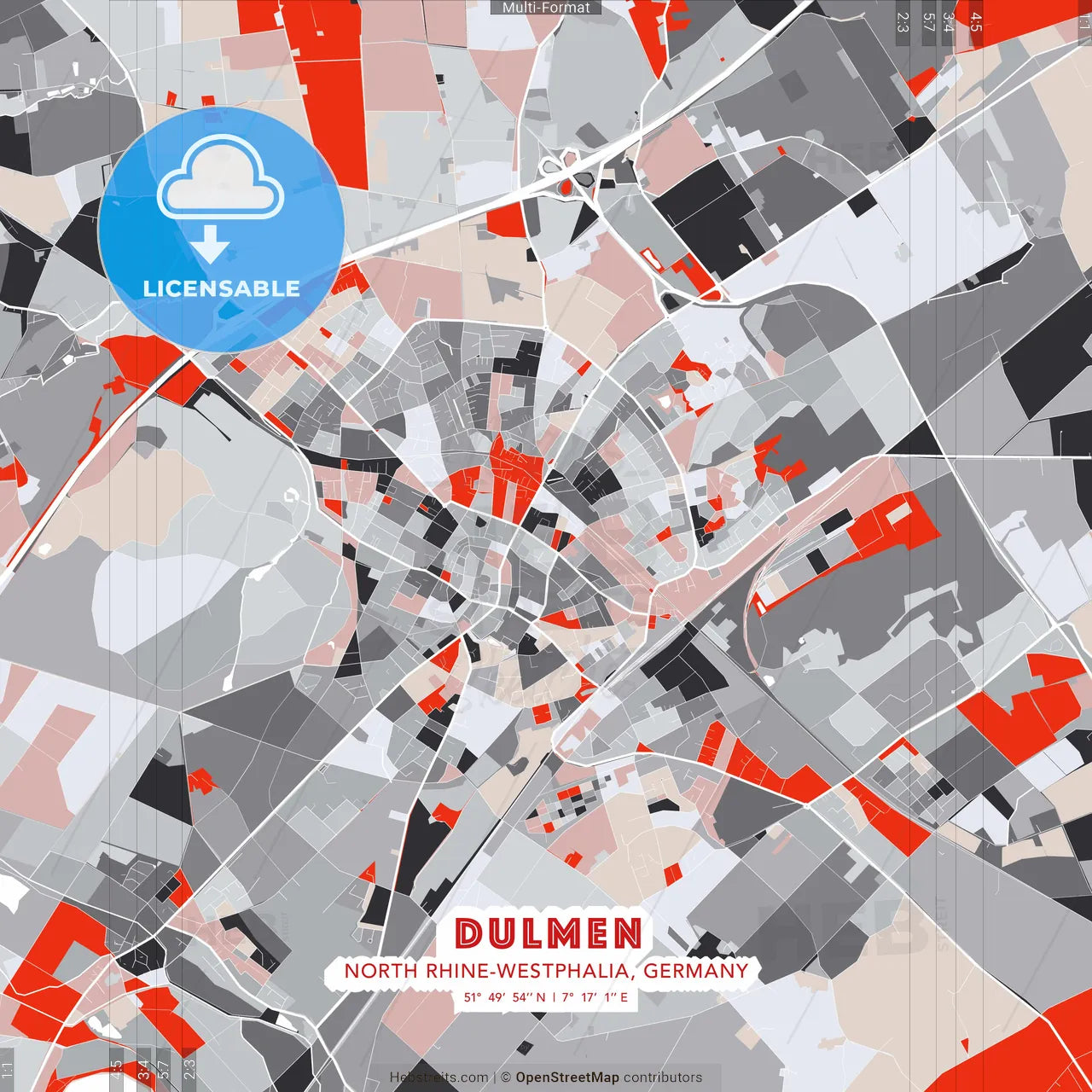 Dulmen, North Rhine-Westphalia, Germany - modern street map poster template with gray and red tones