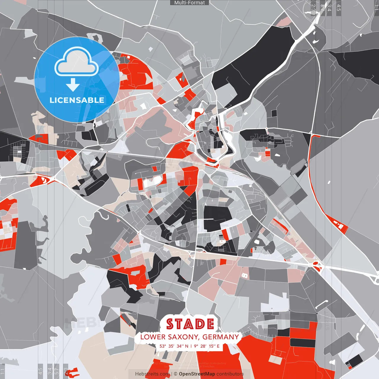 Stade, Lower Saxony, Germany - modern street map poster template with gray and red tones