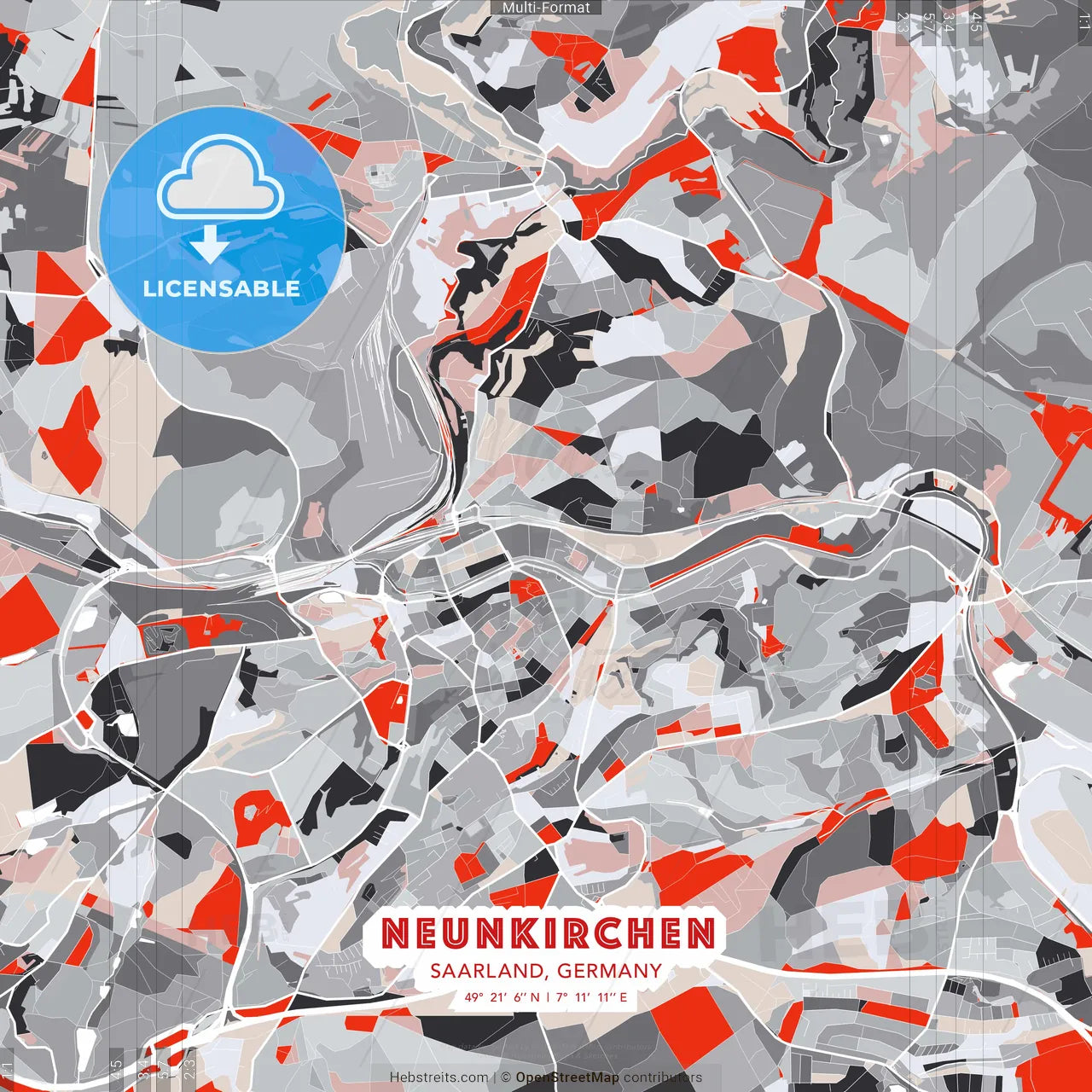 Neunkirchen, Saarland, Germany - modern street map poster template with gray and red tones