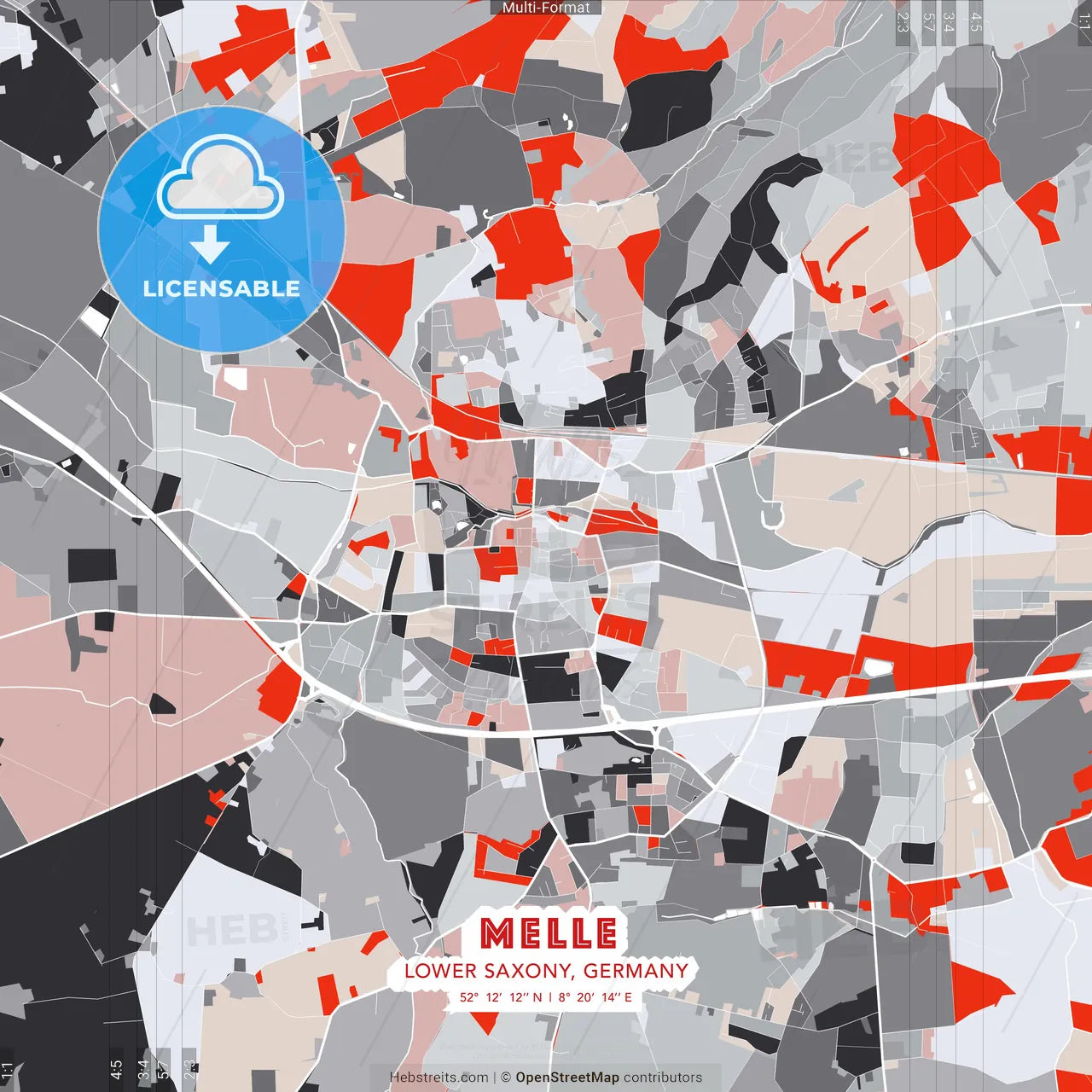 Melle, Lower Saxony, Germany - modern street map poster template with gray and red tones