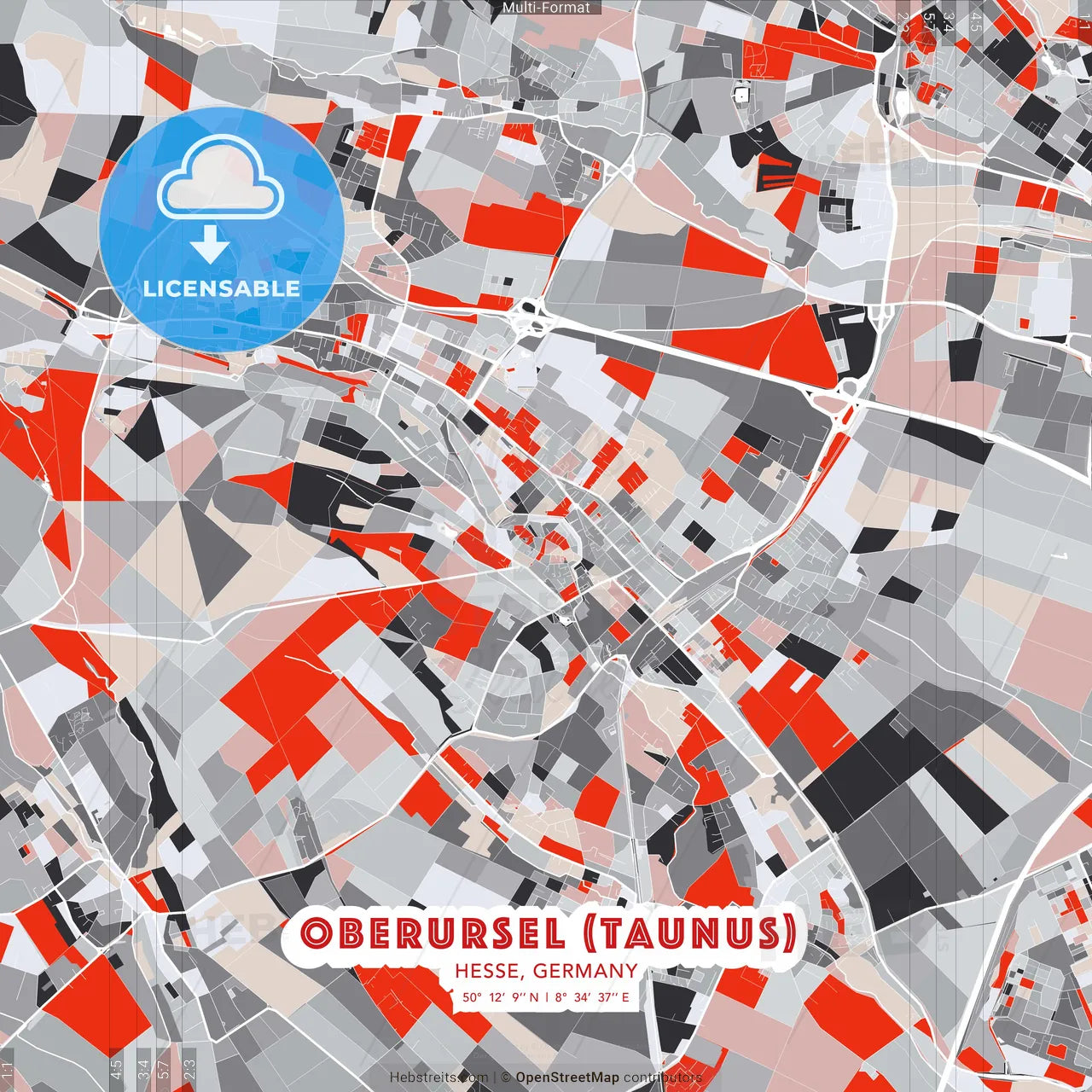 Oberursel (Taunus), Hesse, Germany - modern street map poster template with gray and red tones