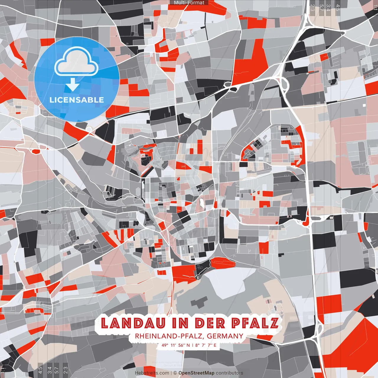 Landau in der Pfalz, Rheinland-Pfalz, Germany - modern street map poster template with gray and red tones