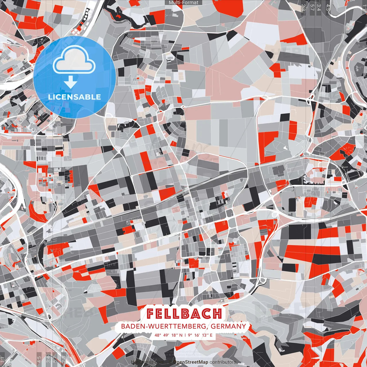 Fellbach, Baden-Wuerttemberg, Germany - modern street map poster template with gray and red tones