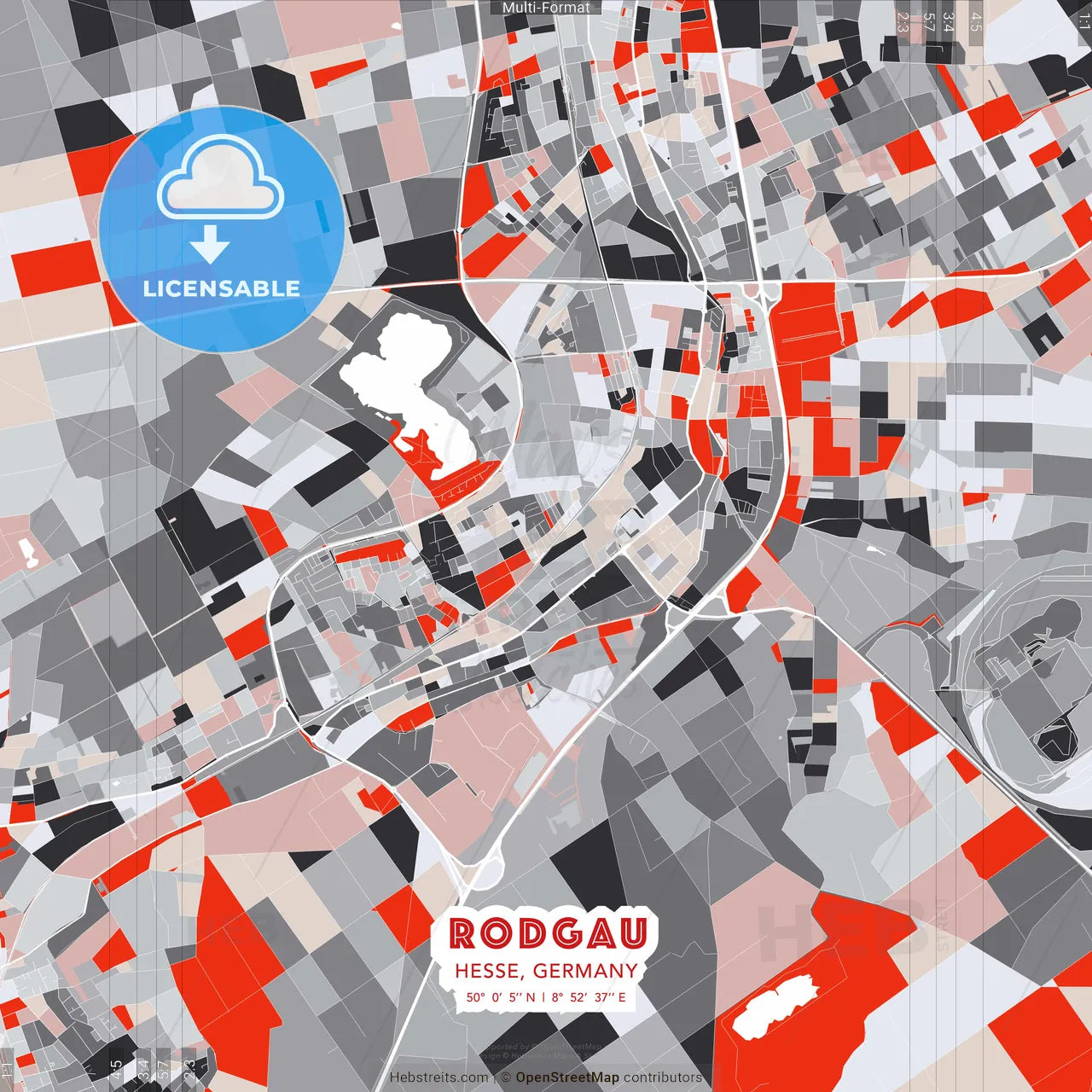 Rodgau, Hesse, Germany - modern street map poster template with gray and red tones