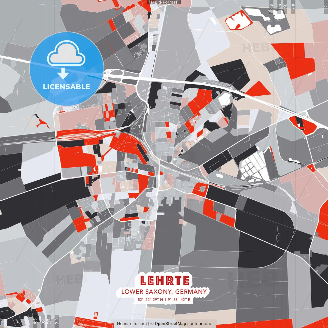 Lehrte, Lower Saxony, Germany - modern street map poster template with gray and red tones