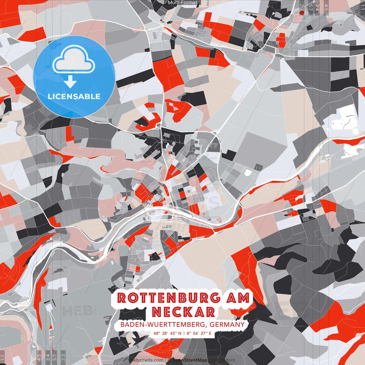 Rottenburg am Neckar, Baden-Wuerttemberg, Germany - modern street map poster template with gray and red tones