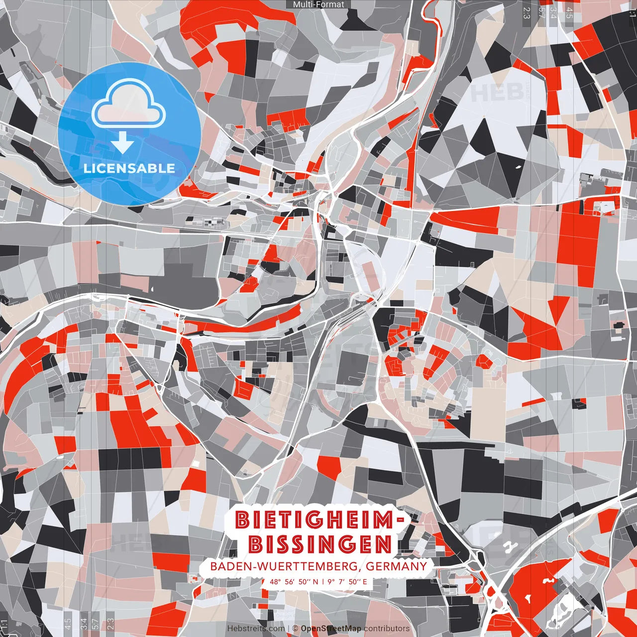 Bietigheim-Bissingen, Baden-Wuerttemberg, Germany - modern street map poster template with gray and red tones