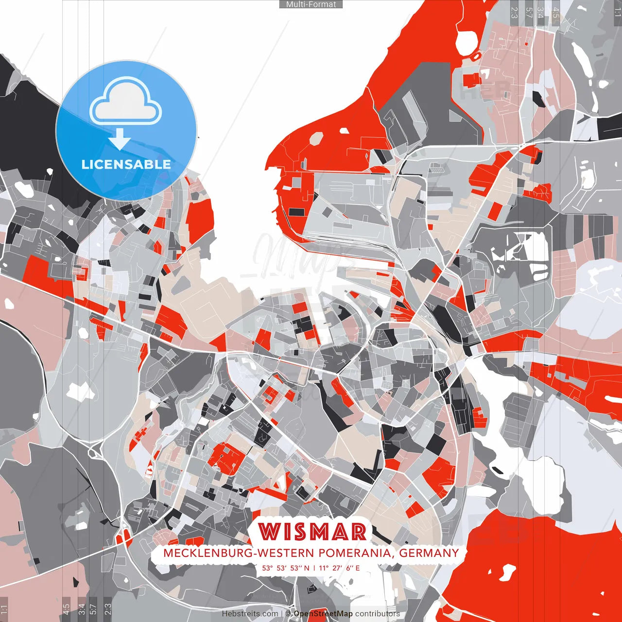 Wismar, Mecklenburg-Western Pomerania, Germany - modern street map poster template with gray and red tones