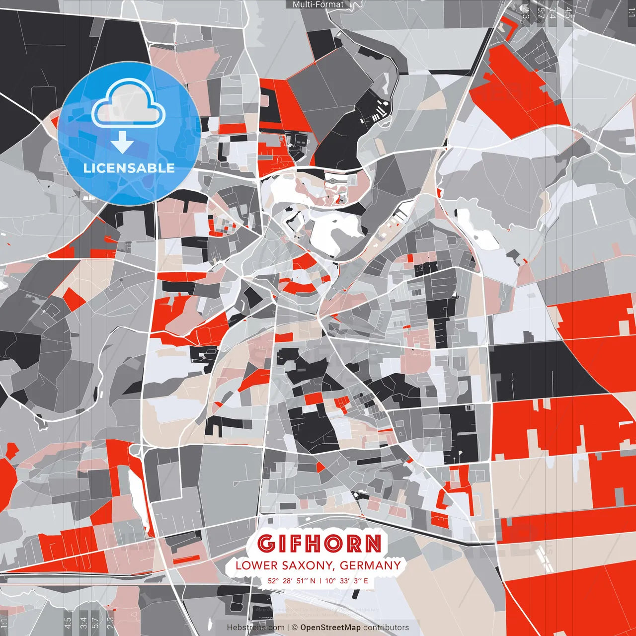 Gifhorn, Lower Saxony, Germany - modern street map poster template with gray and red tones