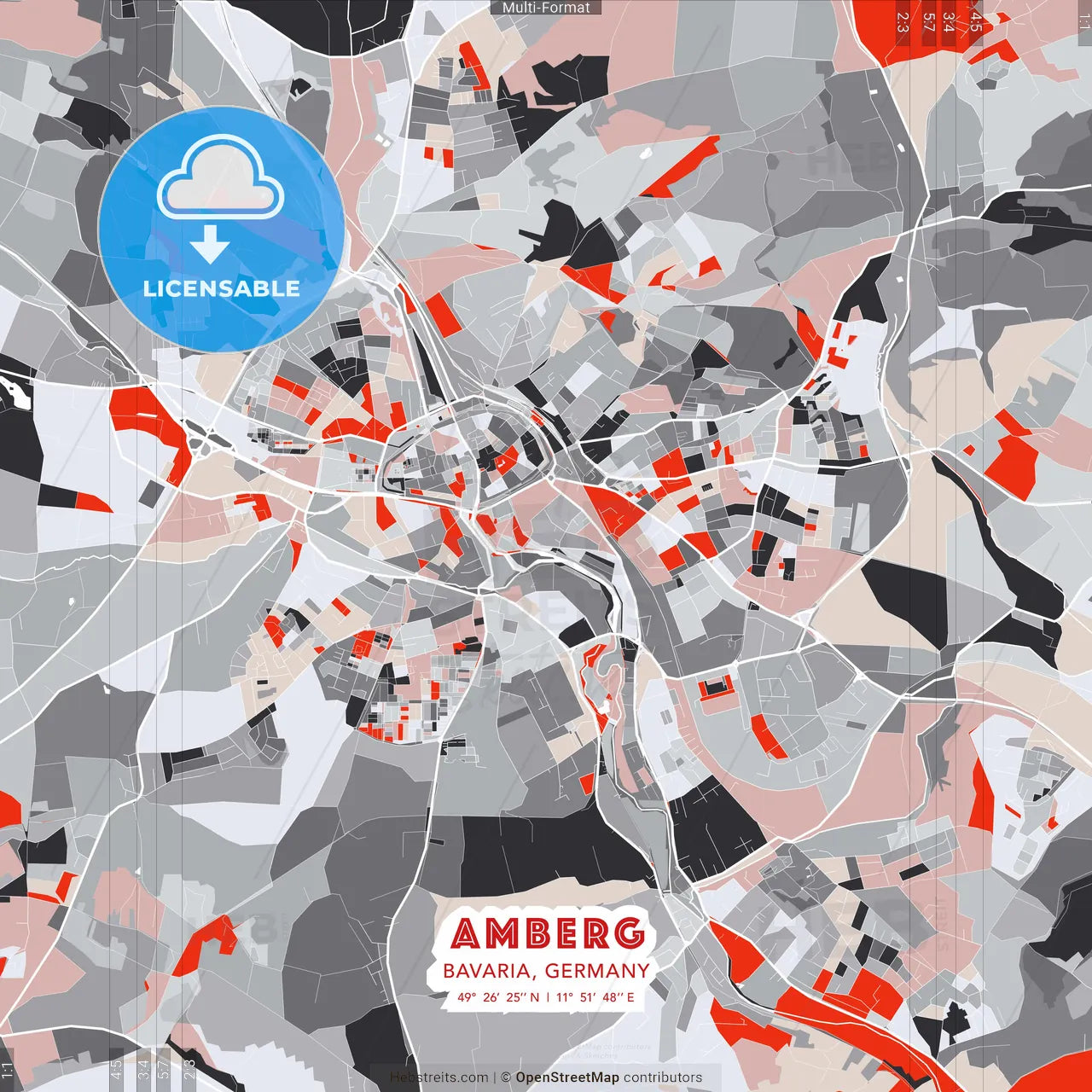 Amberg, Bavaria, Germany - modern street map poster template with gray and red tones
