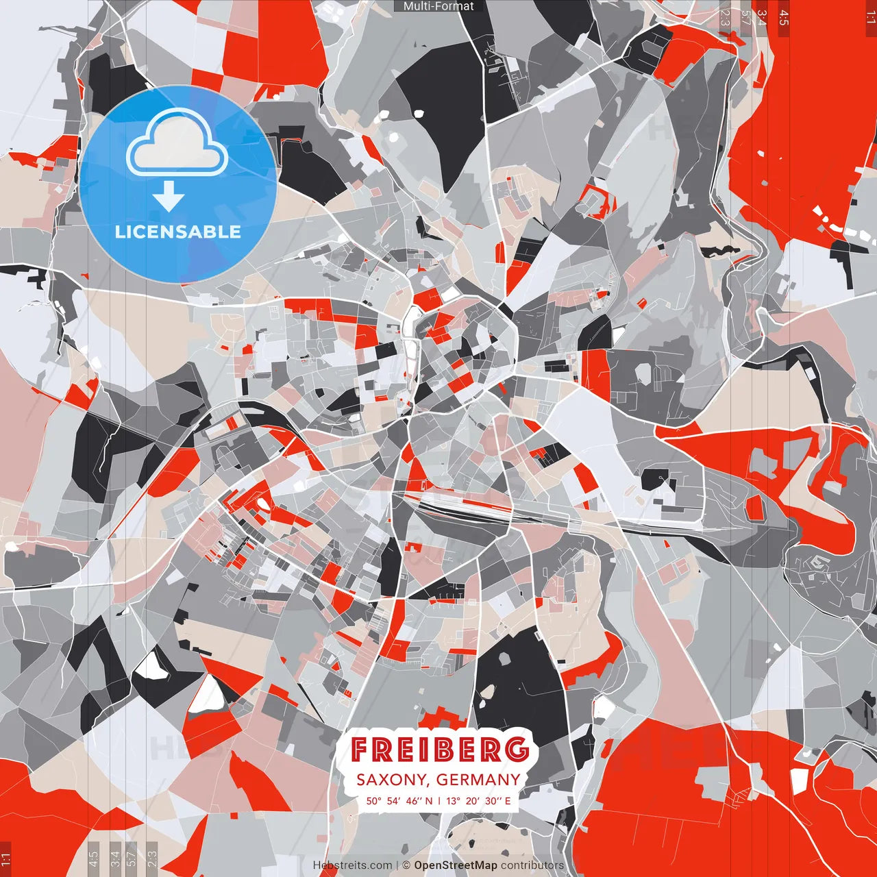 Freiberg, Saxony, Germany - modern street map poster template with gray and red tones
