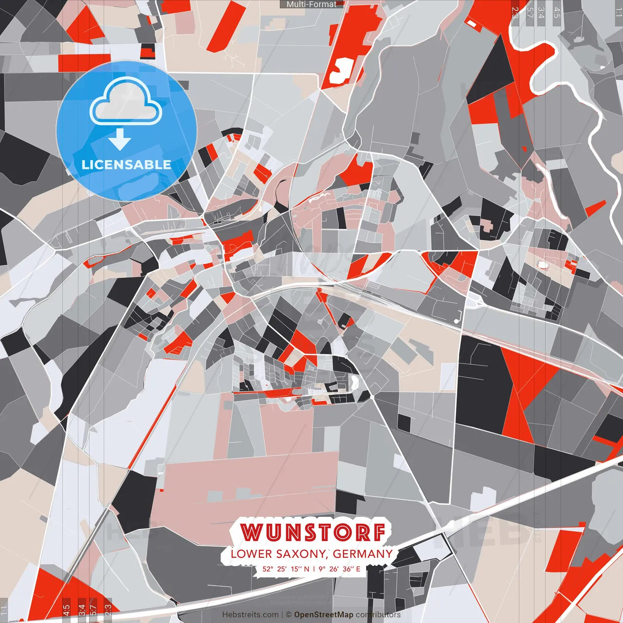 Wunstorf, Lower Saxony, Germany - modern street map poster template with gray and red tones