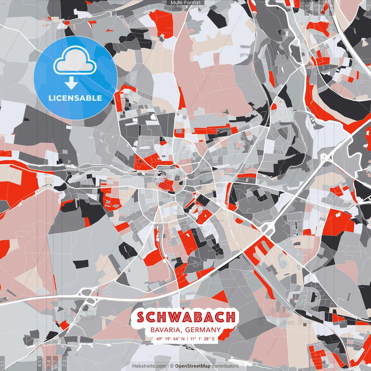 Schwabach, Bavaria, Germany - modern street map poster template with gray and red tones
