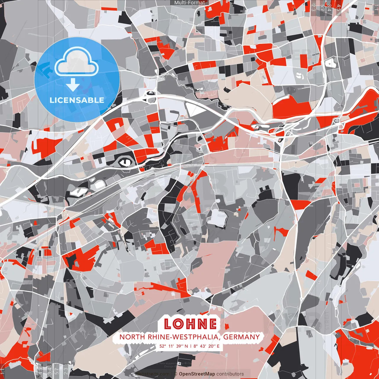 Lohne, North Rhine-Westphalia, Germany - modern street map poster template with gray and red tones