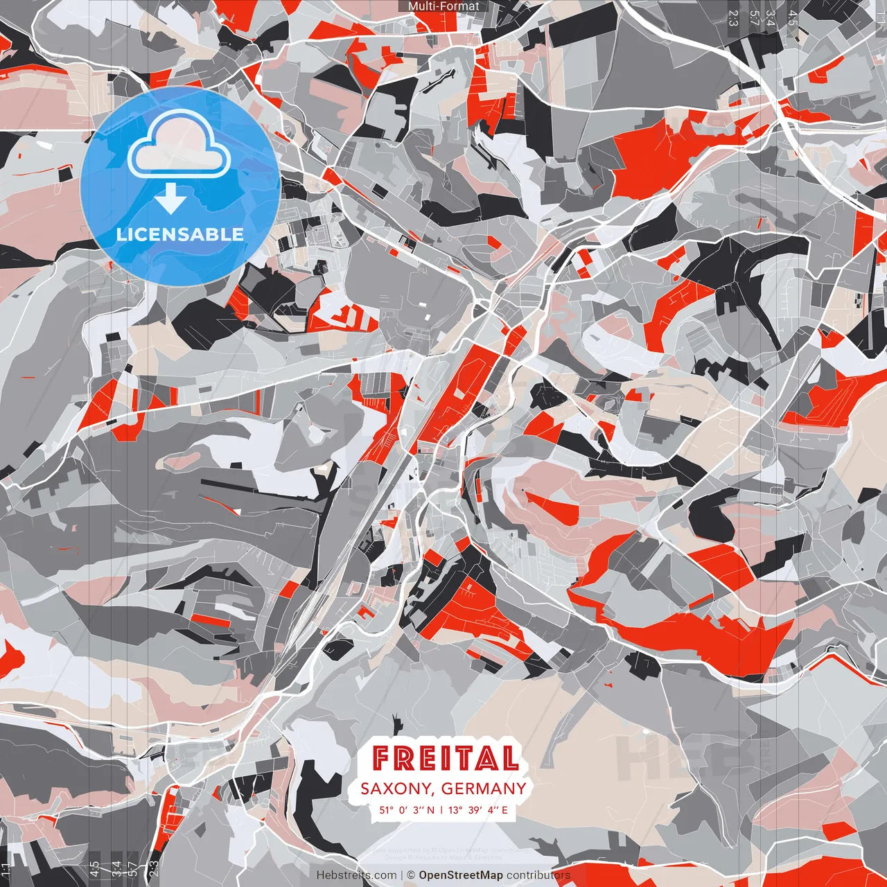 Freital, Saxony, Germany - modern street map poster template with gray and red tones