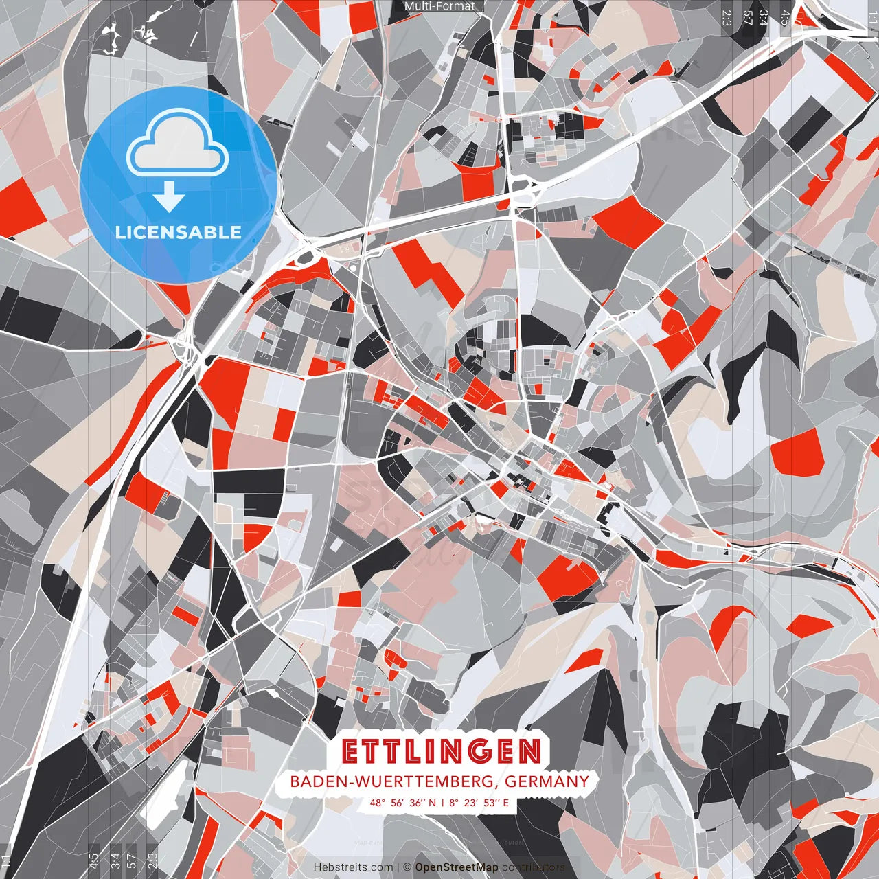 Ettlingen, Baden-Wuerttemberg, Germany - modern street map poster template with gray and red tones