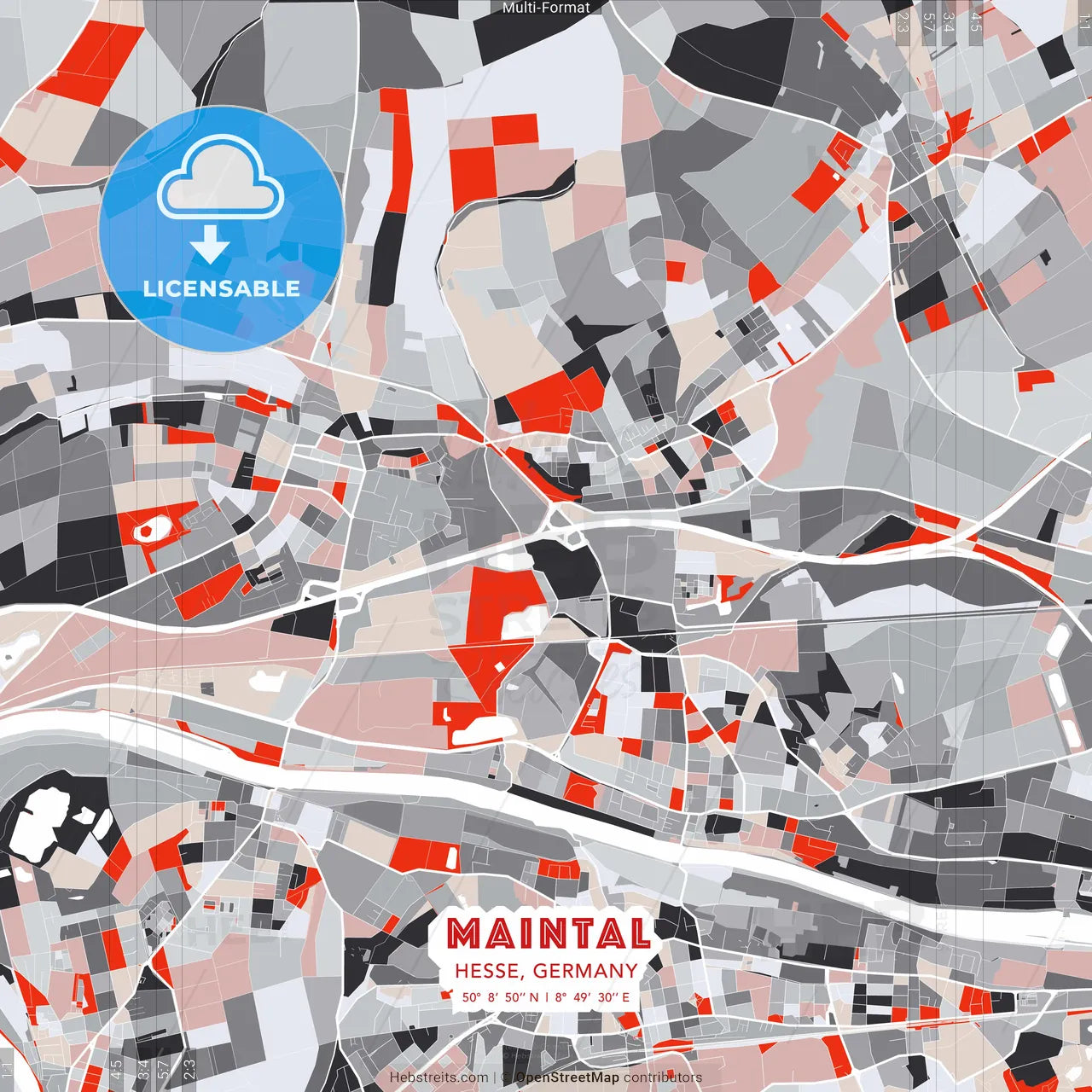Maintal, Hesse, Germany - modern street map poster template with gray and red tones