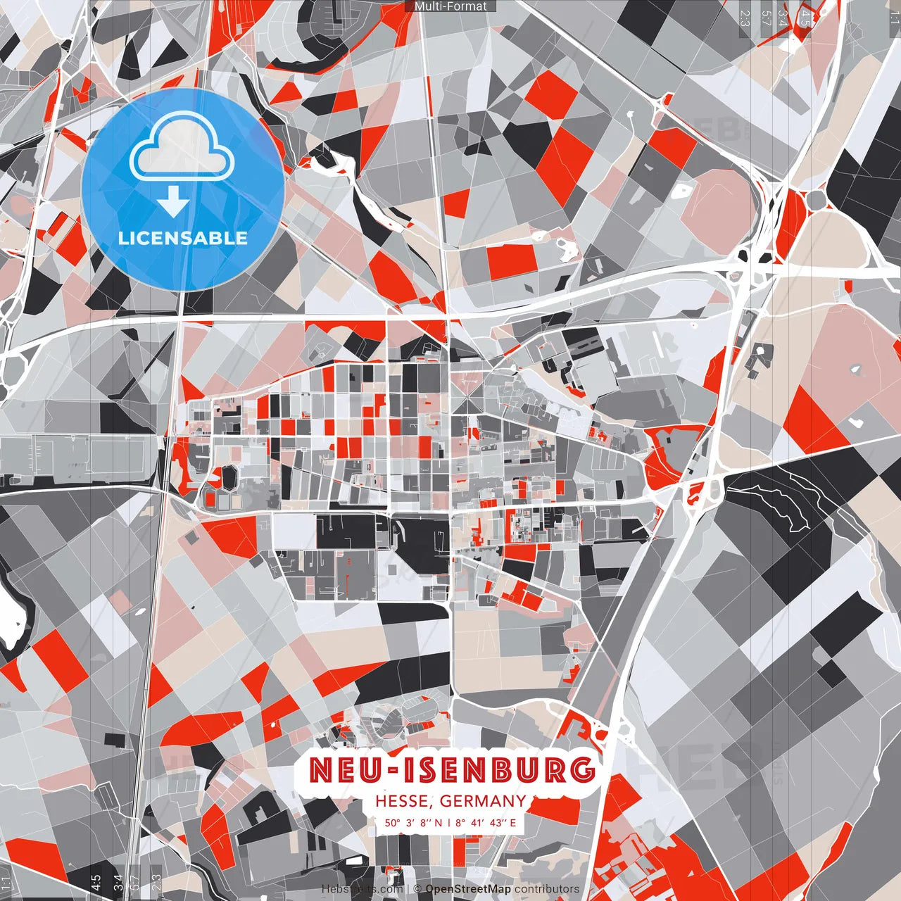 Neu-Isenburg, Hesse, Germany - modern street map poster template with gray and red tones