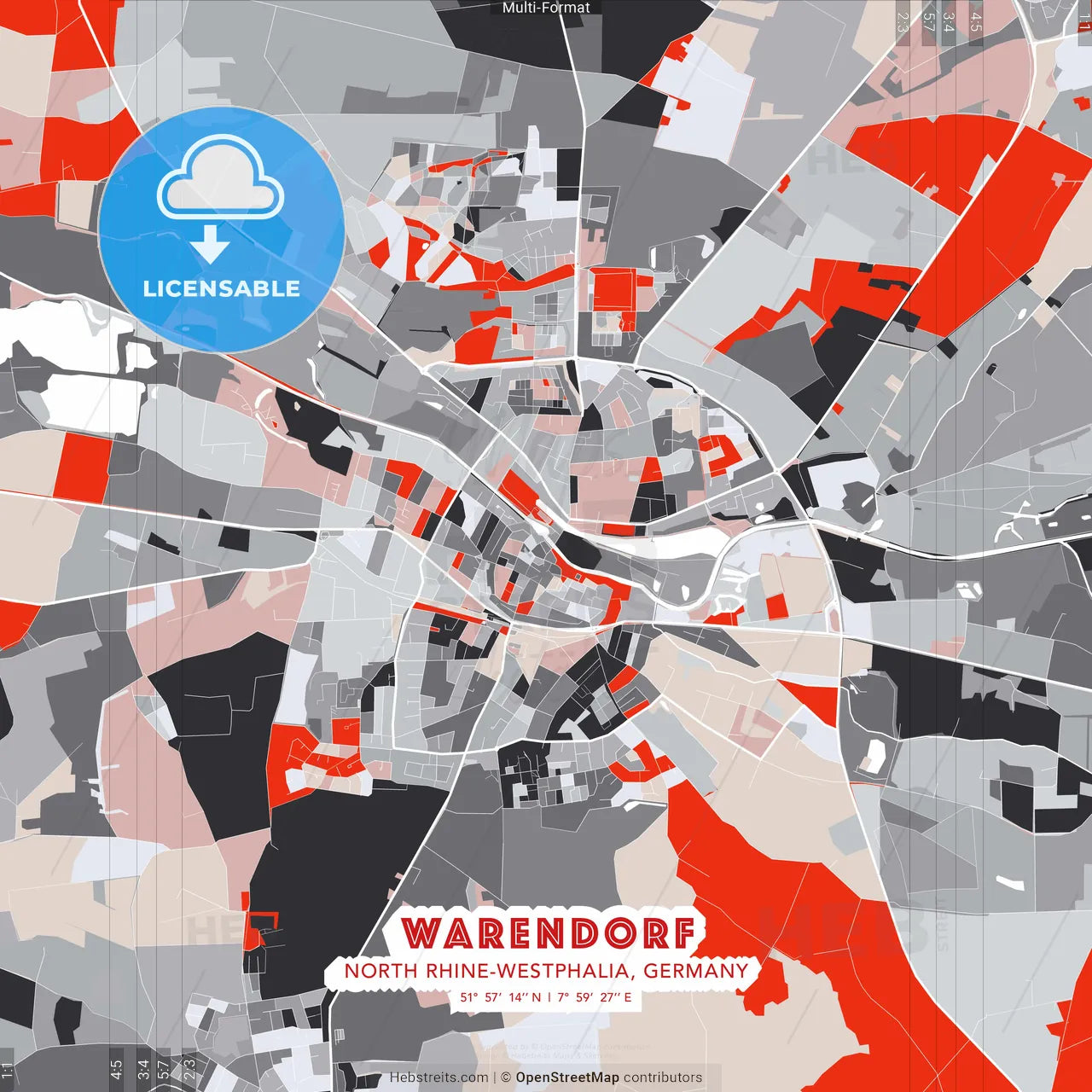 Warendorf, North Rhine-Westphalia, Germany - modern street map poster template with gray and red tones