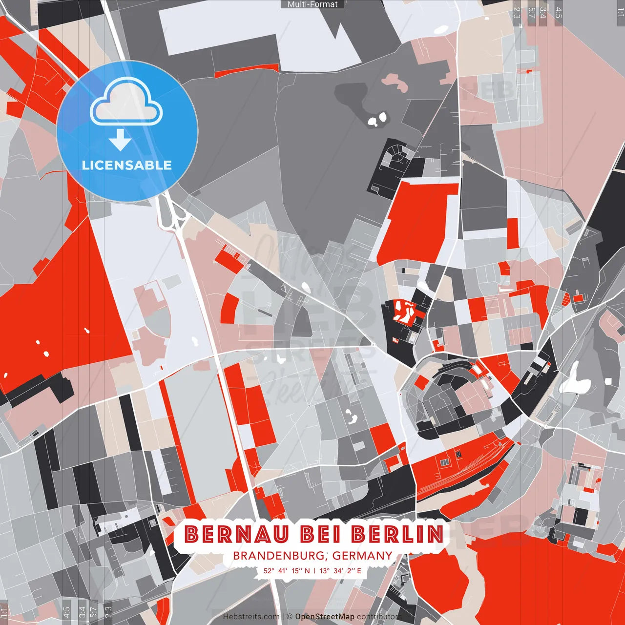 Bernau bei Berlin, Brandenburg, Germany - modern street map poster template with gray and red tones