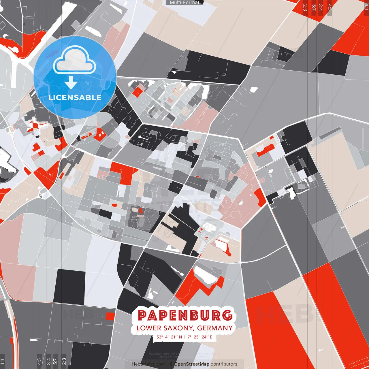Papenburg, Lower Saxony, Germany - modern street map poster template with gray and red tones