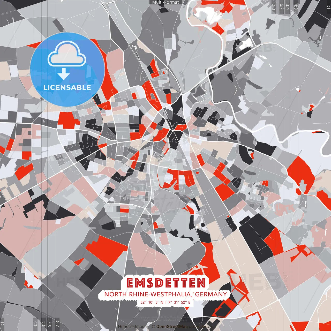 Emsdetten, North Rhine-Westphalia, Germany - modern street map poster template with gray and red tones
